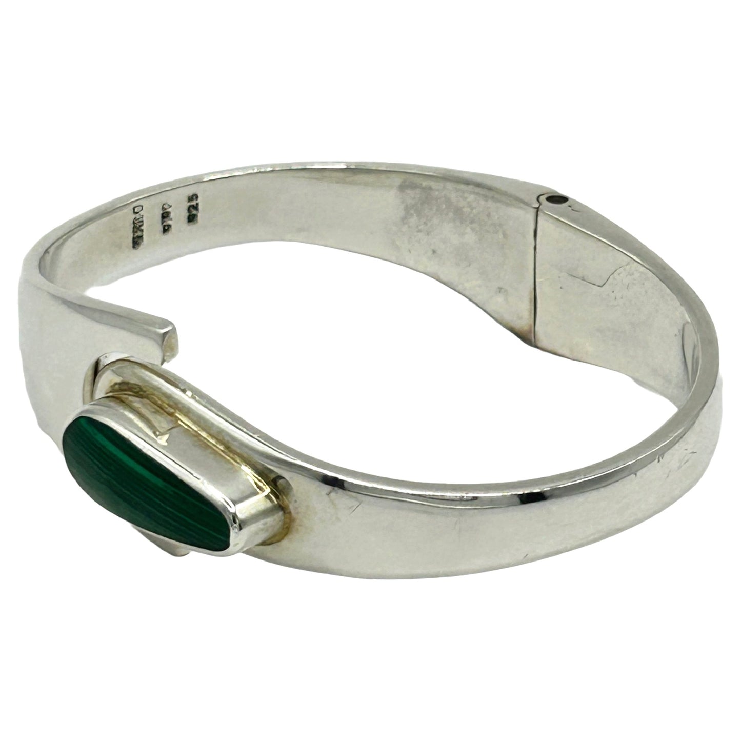 Taxco 925 Sterling Silver & Malachite Hinged Bangle Bracelet