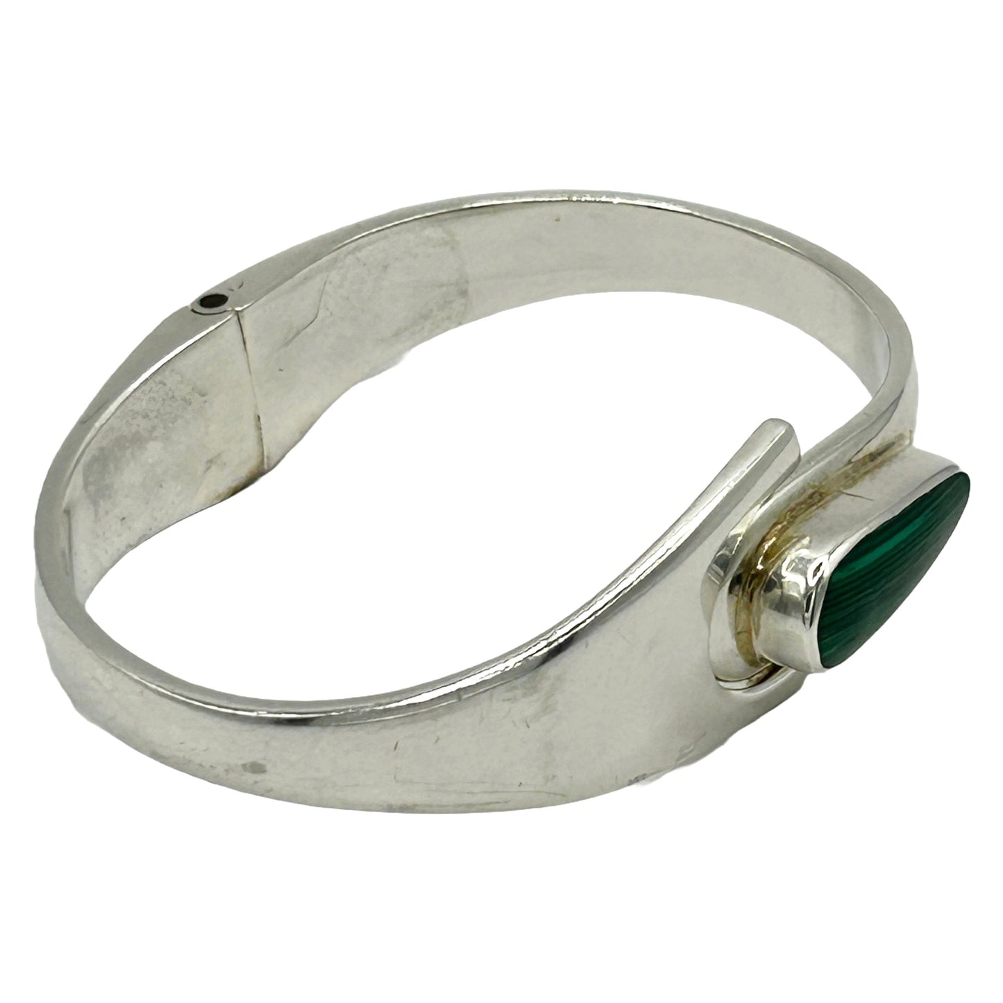 Taxco 925 Sterling Silver & Malachite Hinged Bangle Bracelet