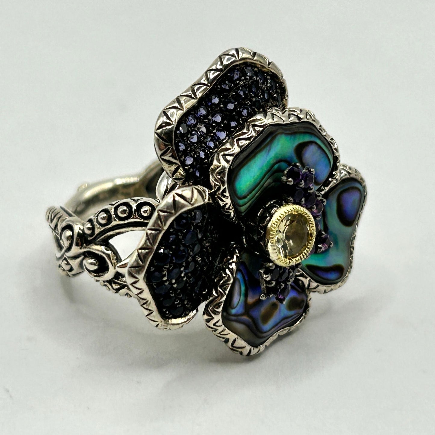 Barbara Bixby Sterling Silver & 18K Abalone and Gemstone Pansy Ring Size 7.5
