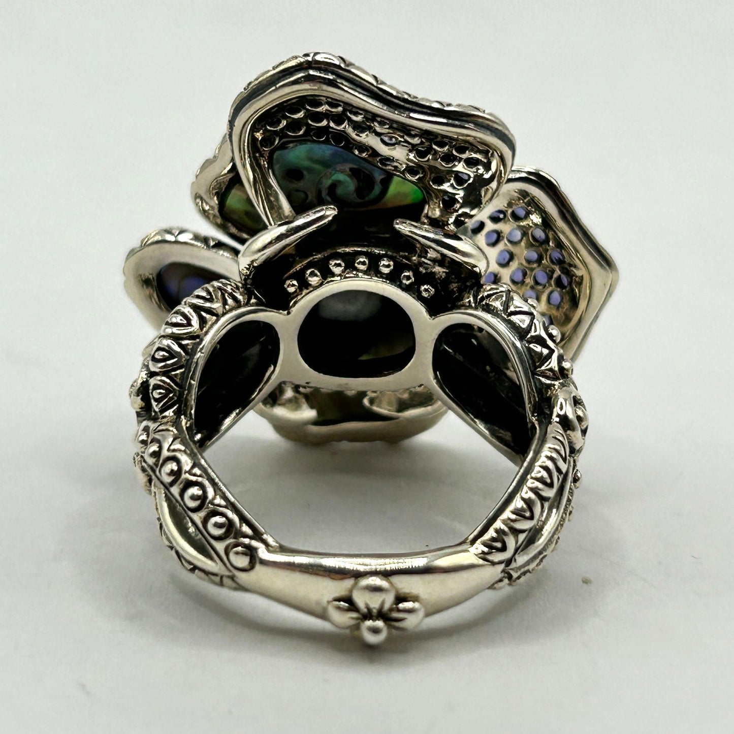 Barbara Bixby Sterling Silver & 18K Abalone and Gemstone Pansy Ring Size 7.5