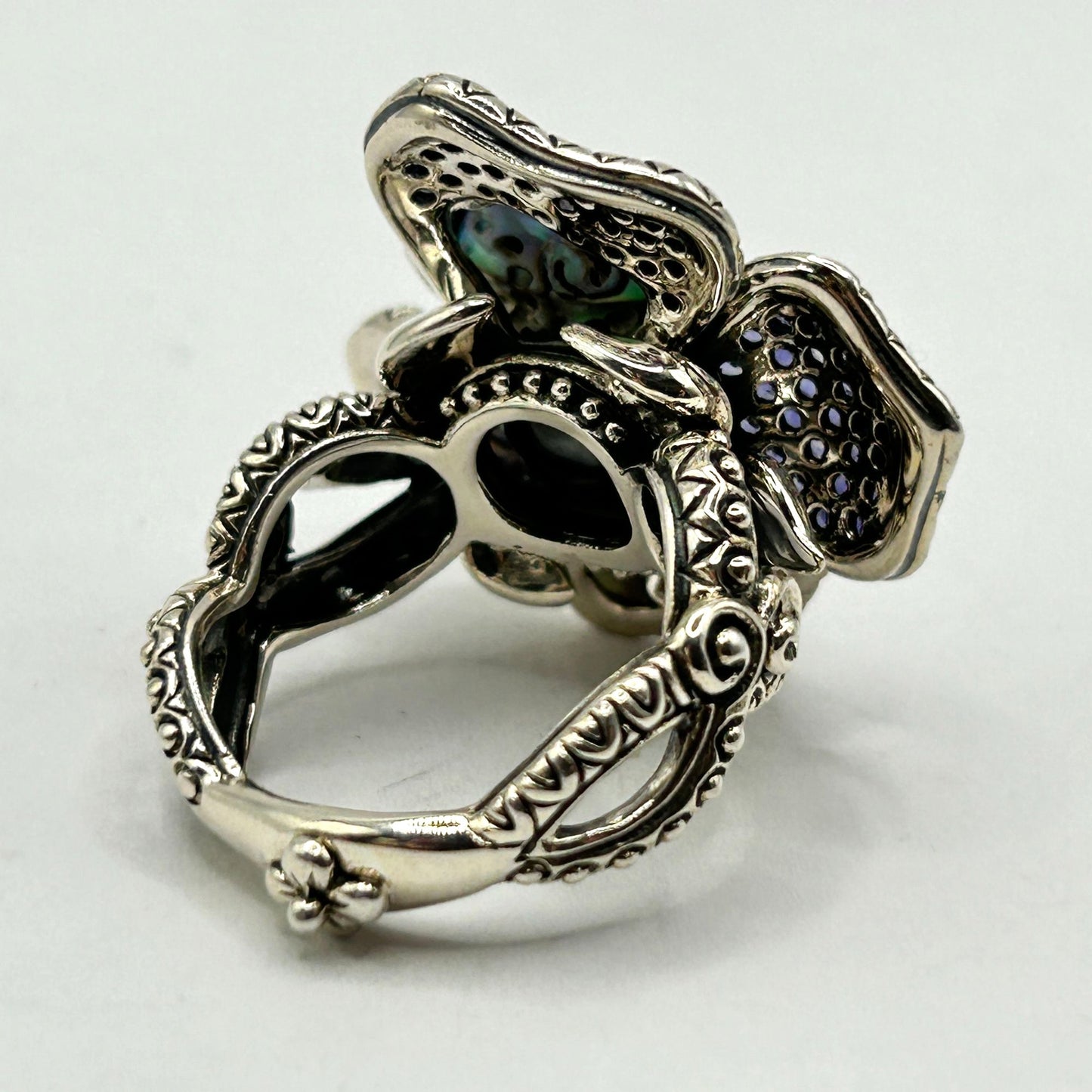 Barbara Bixby Sterling Silver & 18K Abalone and Gemstone Pansy Ring Size 7.5