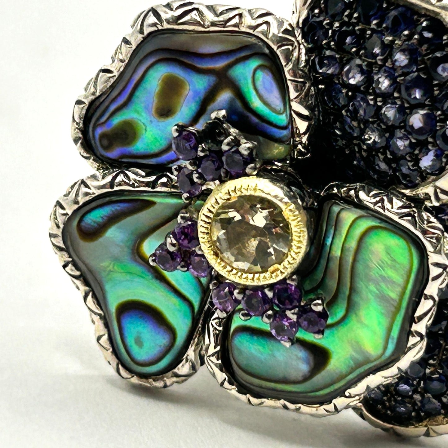 Barbara Bixby Sterling Silver & 18K Abalone and Gemstone Pansy Ring Size 7.5