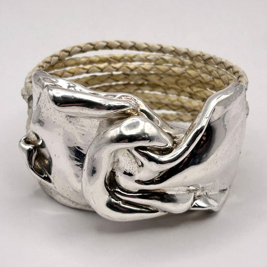 925 Sterling Silver Magnetic Clasp 8.75" Leather Bracelet Israel 47.4g