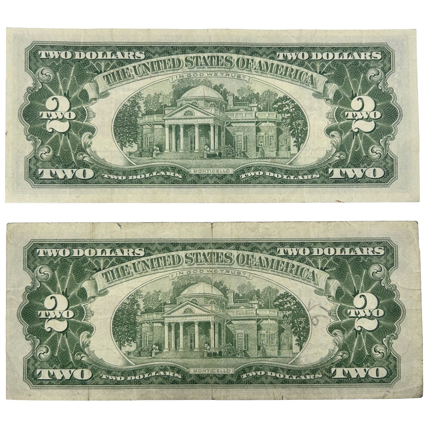 LOT OF 2 1963 Red Seal $2 Bill Banknotes - Circulated