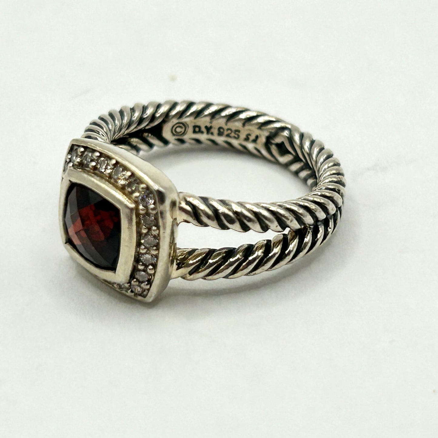 David Yurman Petite Albion Ring Sterling Silver with Garnet and Diamonds, Size 7