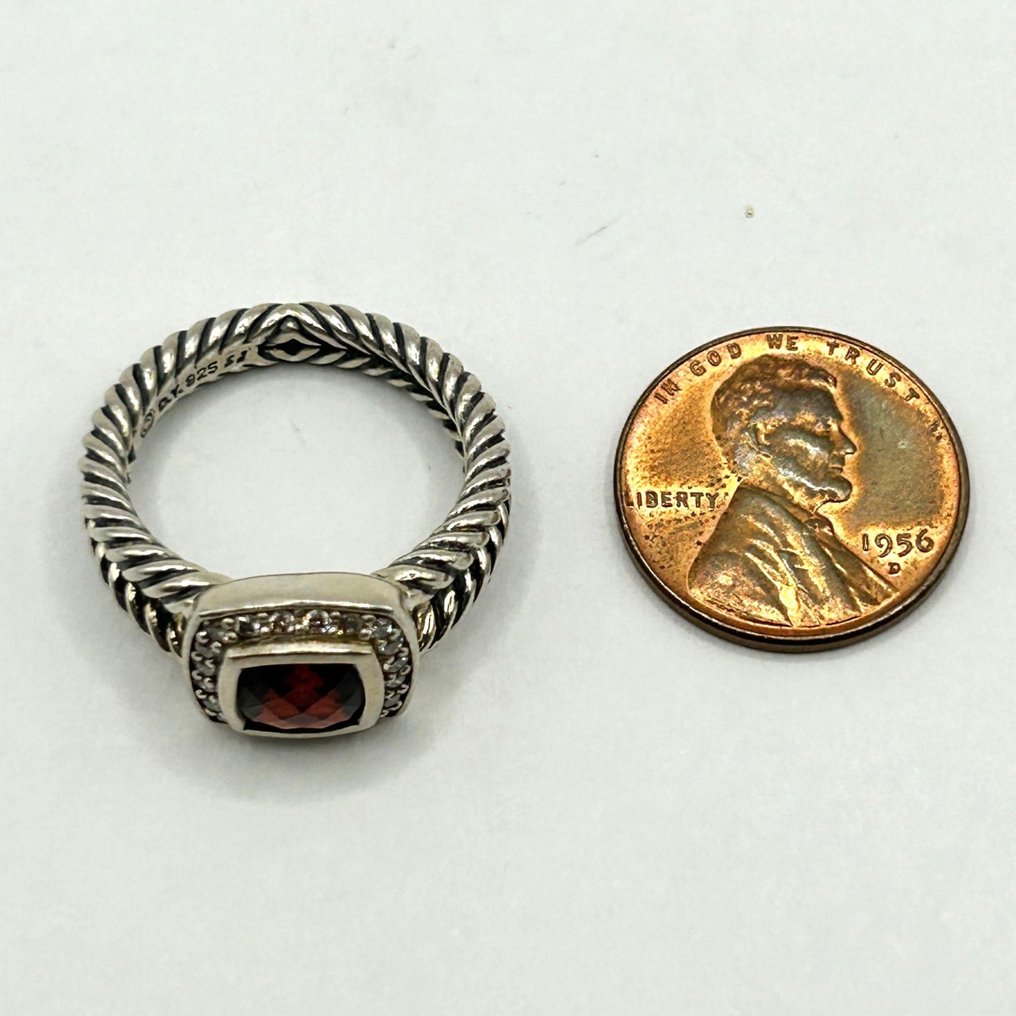 David Yurman Petite Albion Ring Sterling Silver with Garnet and Diamonds, Size 7
