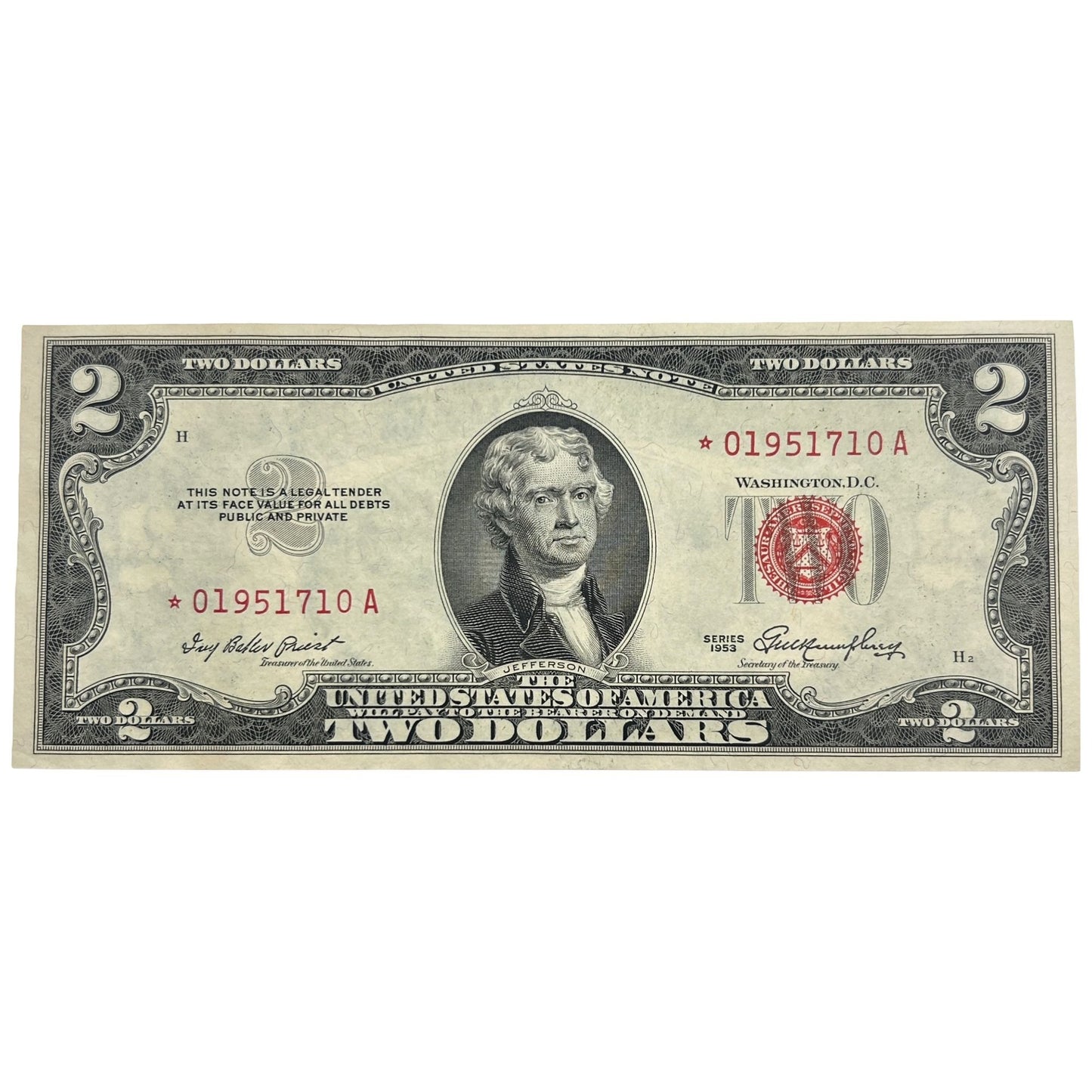 Series 1953 $2 Banknote Star Note Serial Float Error -  ☆01951710A