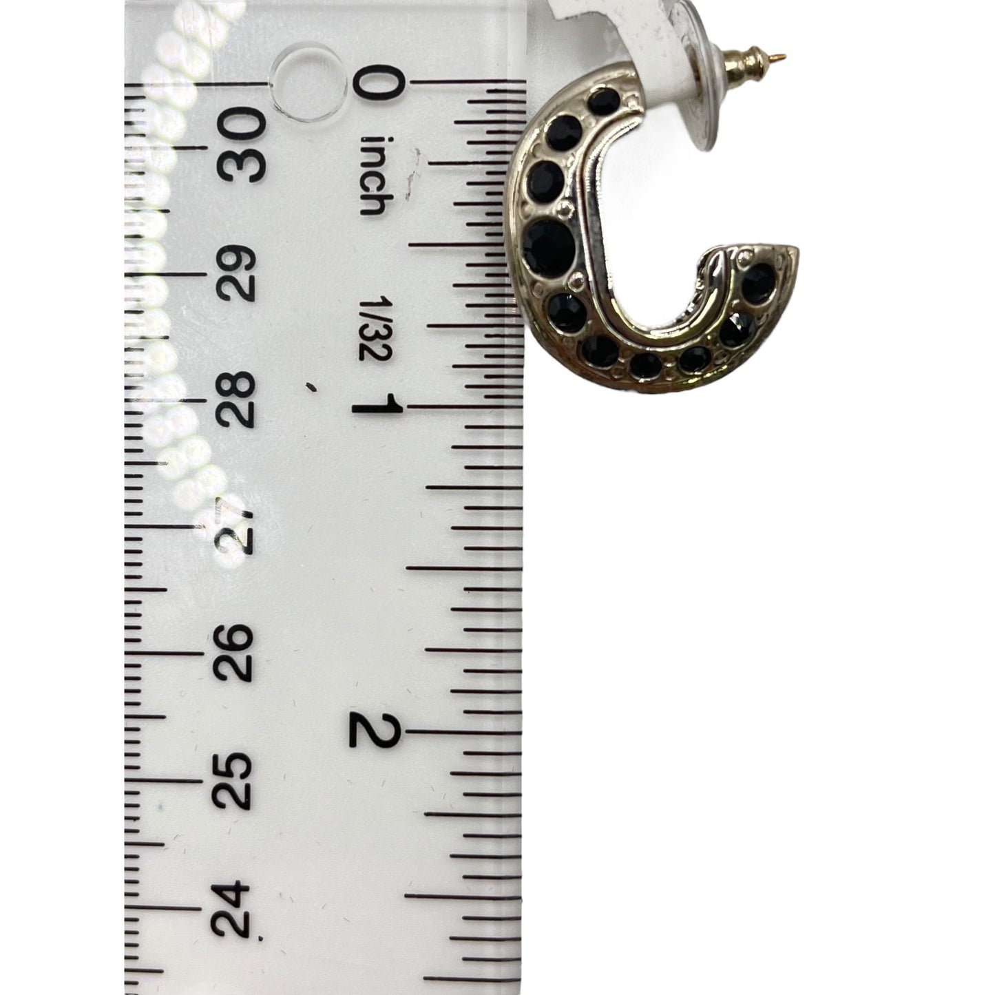 St. John Silver Tone Drop Huggie Hoop Earrings Black Crystal Statement