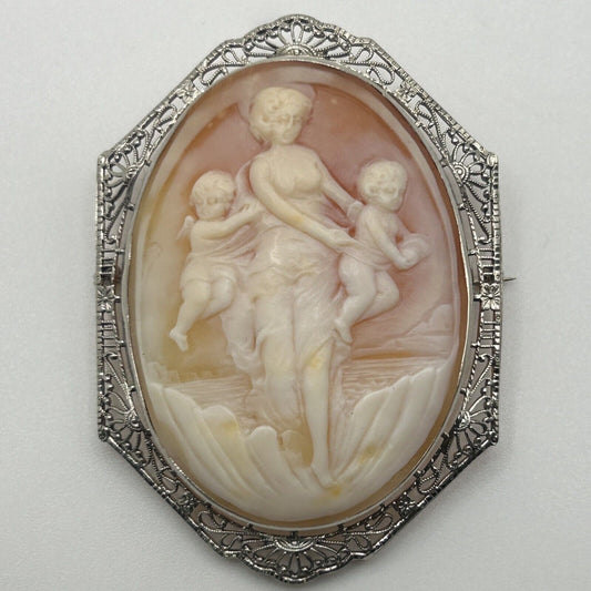 14k White Gold Filigree Lace Mother and Children Carved Cameo
