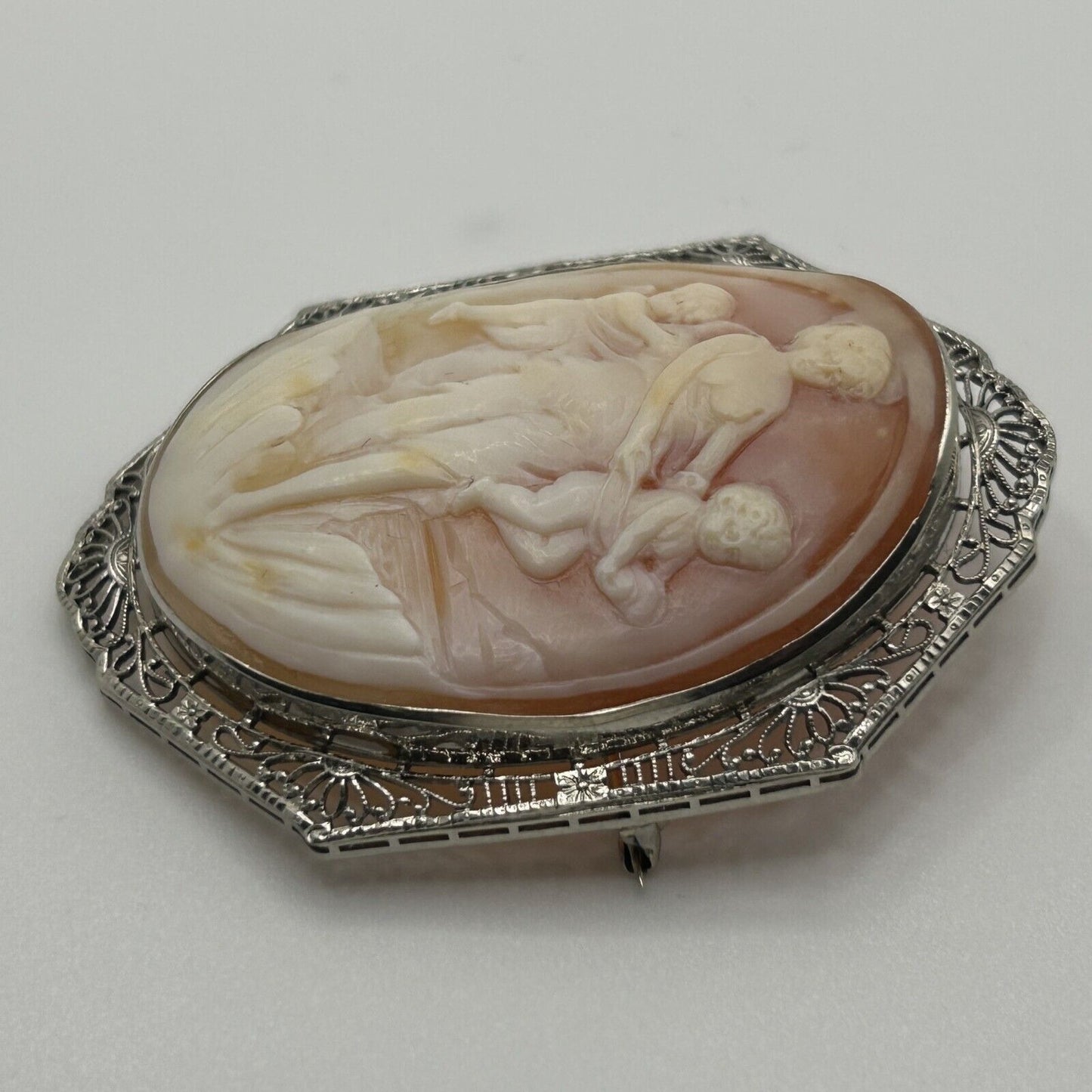 14k White Gold Filigree Lace Mother and Children Carved Cameo