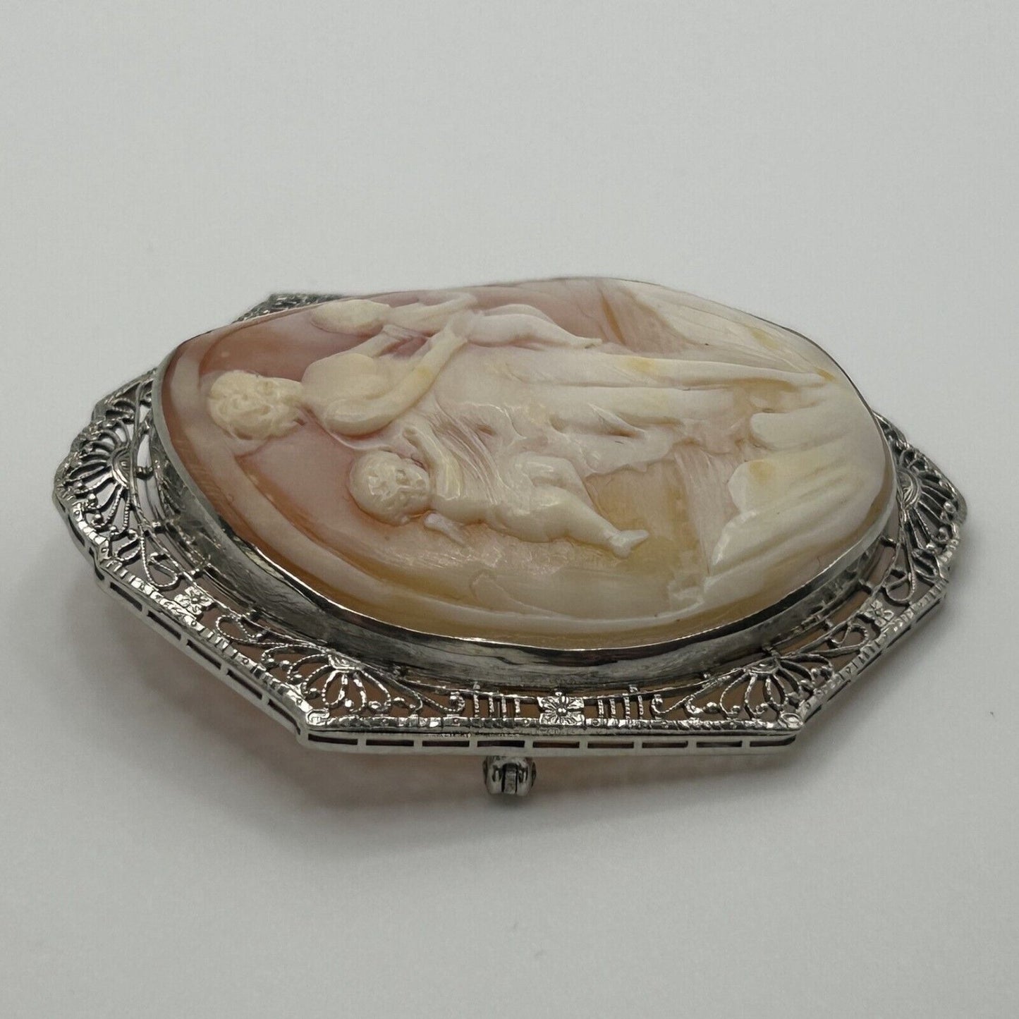 14k White Gold Filigree Lace Mother and Children Carved Cameo