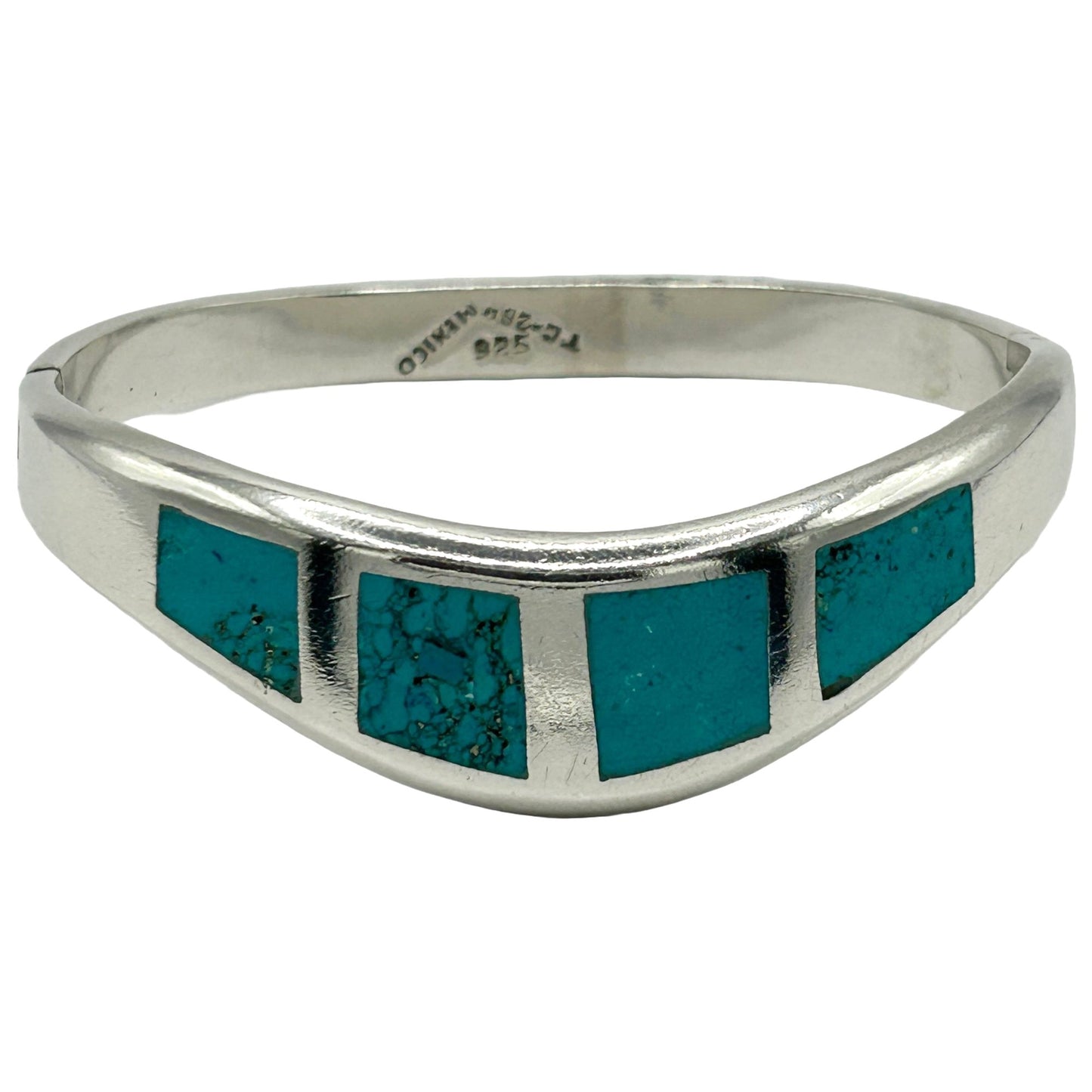 Vintage Taxco Mexico Sterling Silver Turquoise Inlaid Modernist Bangle Bracelet