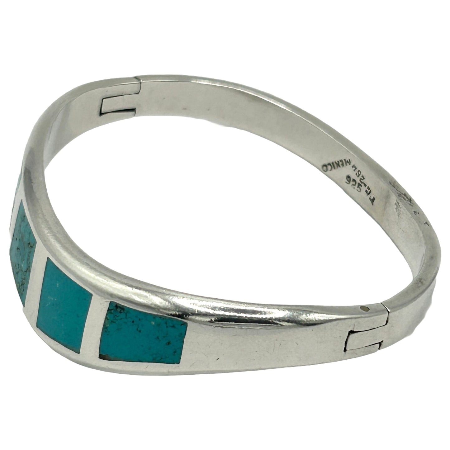 Vintage Taxco Mexico Sterling Silver Turquoise Inlaid Modernist Bangle Bracelet