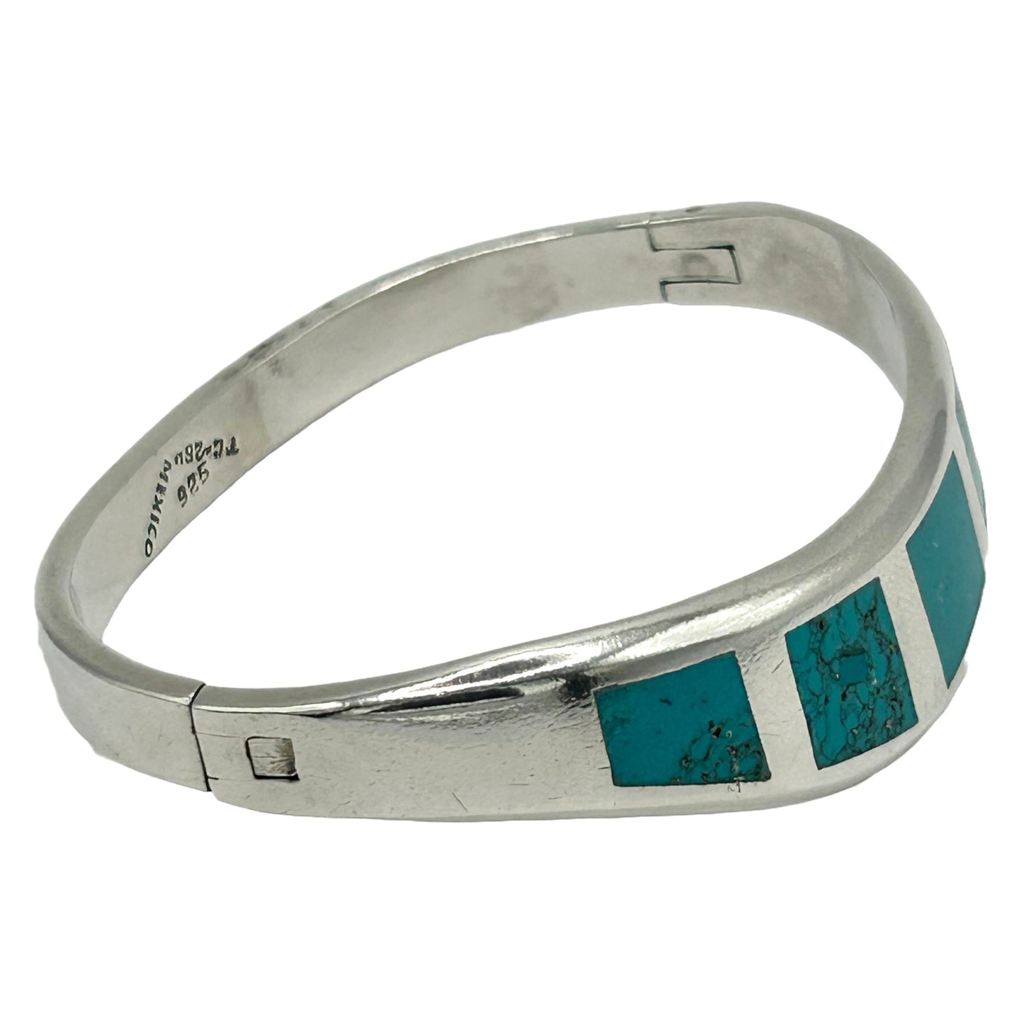 Vintage Taxco Mexico Sterling Silver Turquoise Inlaid Modernist Bangle Bracelet