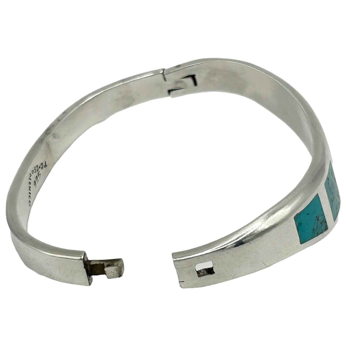 Vintage Taxco Mexico Sterling Silver Turquoise Inlaid Modernist Bangle Bracelet