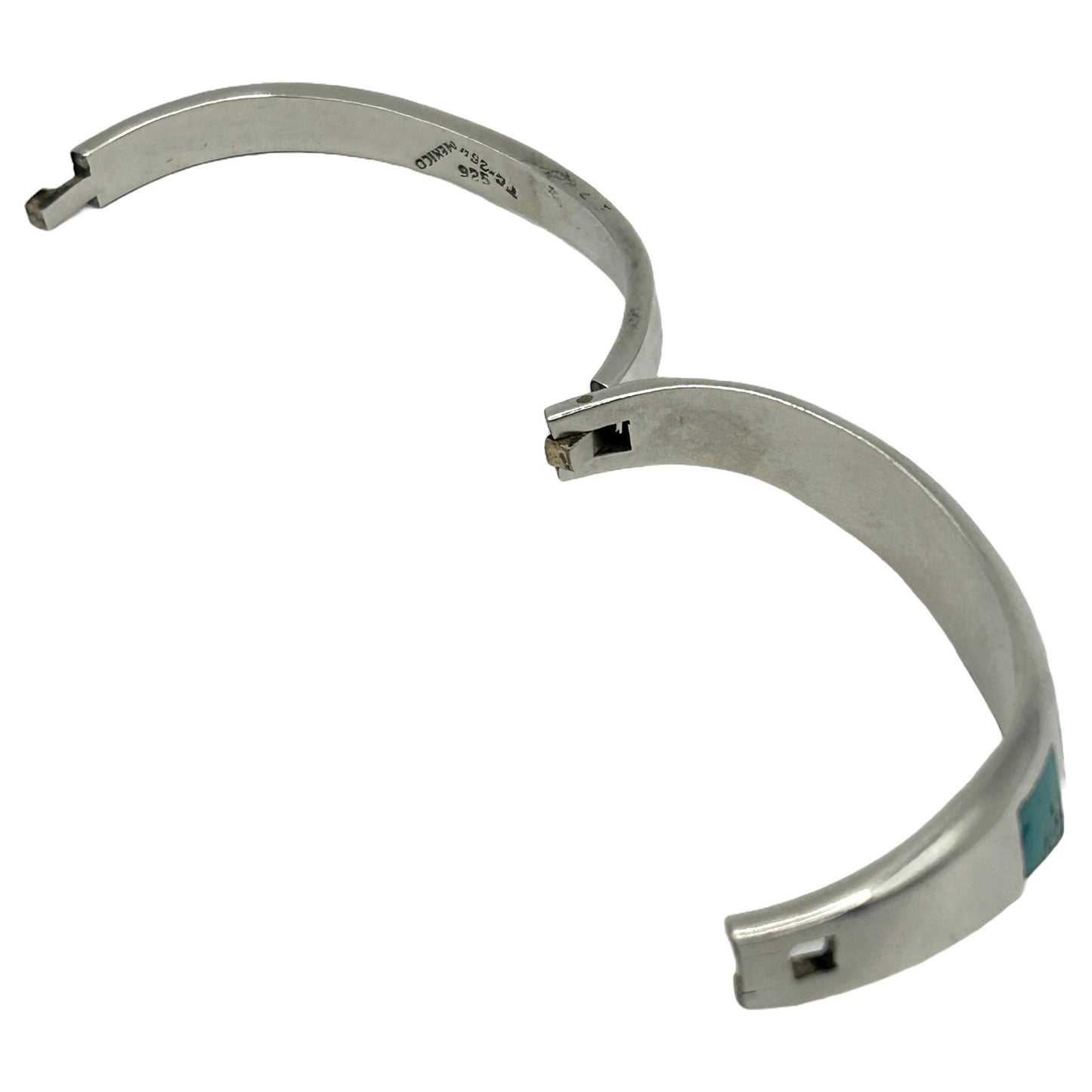 Vintage Taxco Mexico Sterling Silver Turquoise Inlaid Modernist Bangle Bracelet