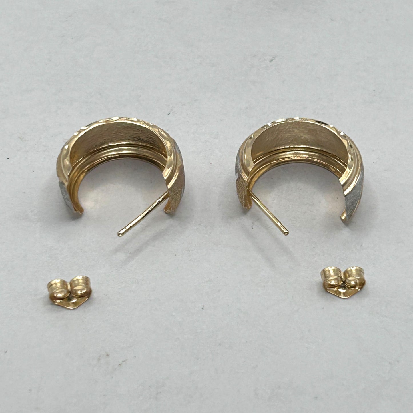 14k Two-Tone Huggie Diamond Cut Textured Hoop Earrings