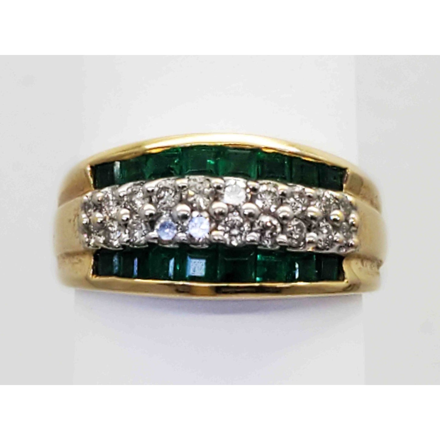 4-Row Natural Emerald & Diamond Band Ring 14k Gold Size 7.75