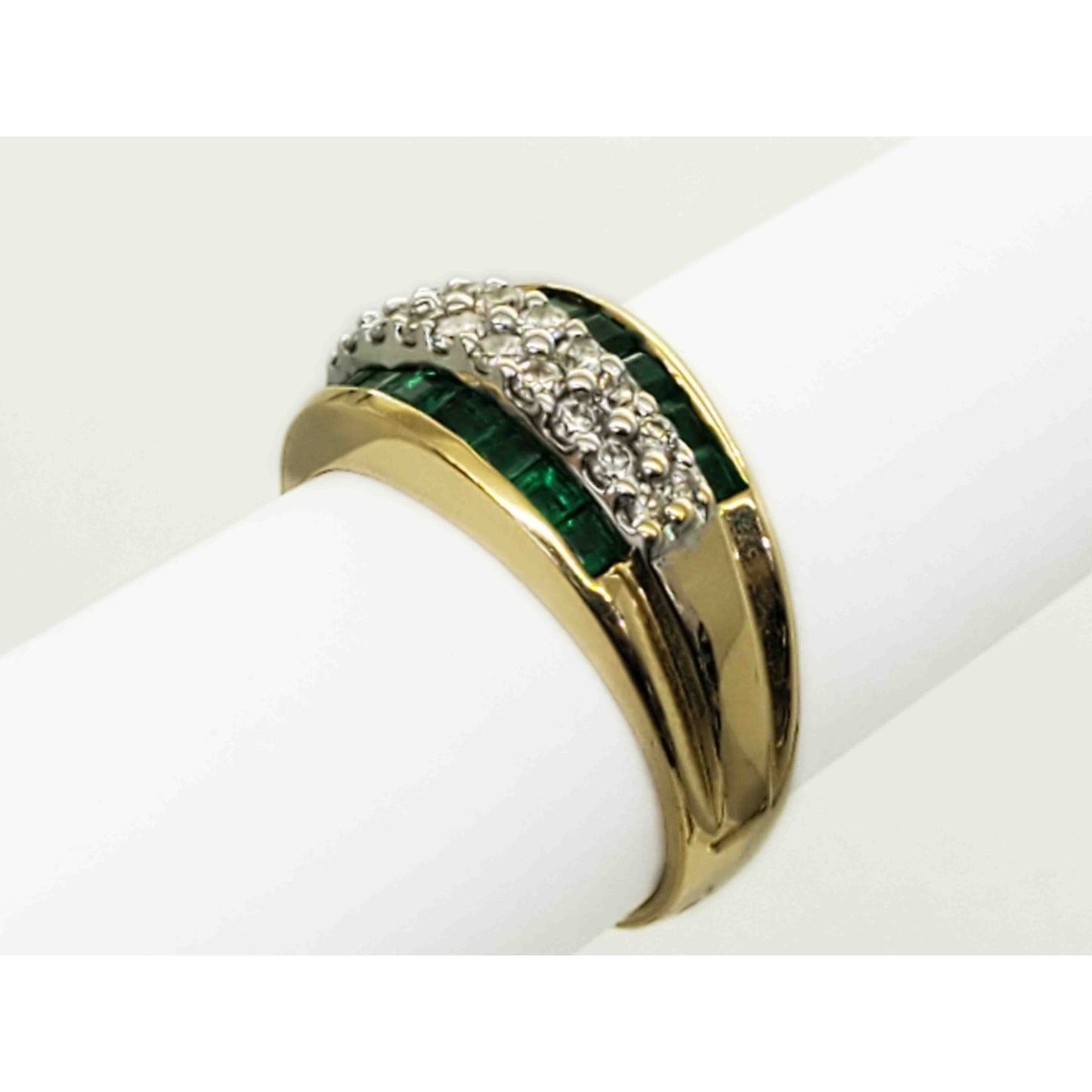 4-Row Natural Emerald & Diamond Band Ring 14k Gold Size 7.75