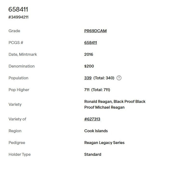 2016 $20 1/10oz .9999 Gold Ronald Reagan Legacy Gold PCGS PR69 DCAM - Black Proof