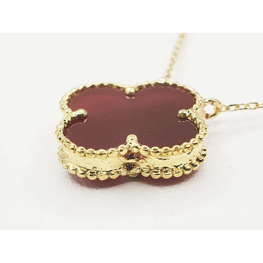 Carved Natural Carnelian Quatrefoil Clover Charm Pendant Necklace 18k Gold