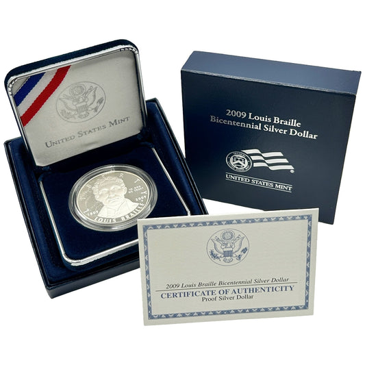 2009-P Louis Braille Bicentennial Silver Commemorative Dollar Proof $1 Coin OGP