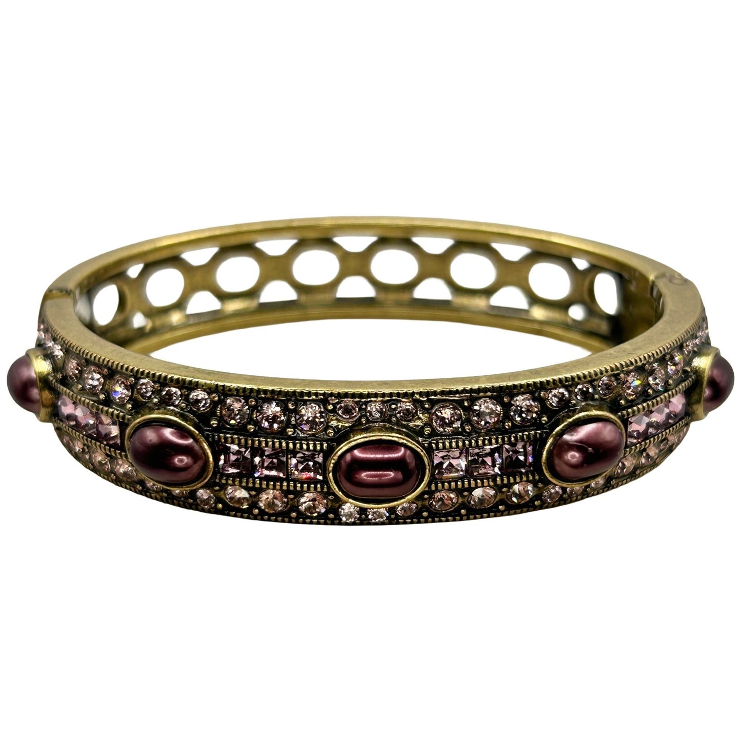 Heidi Daus Vintage Pink Crystal Purple Faux Pearl Hinged Bangle Bracelet