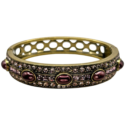 Heidi Daus Vintage Pink Crystal Purple Faux Pearl Hinged Bangle Bracelet