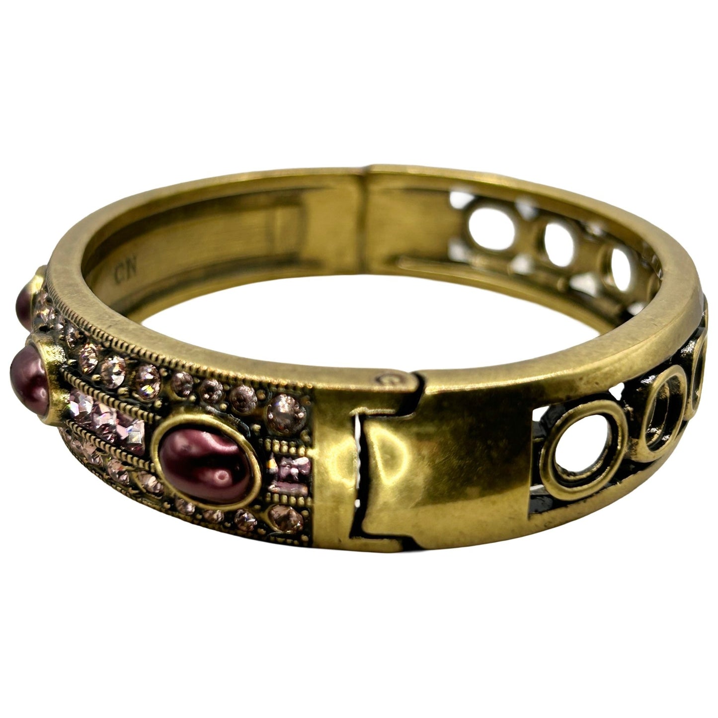 Heidi Daus Vintage Pink Crystal Purple Faux Pearl Hinged Bangle Bracelet