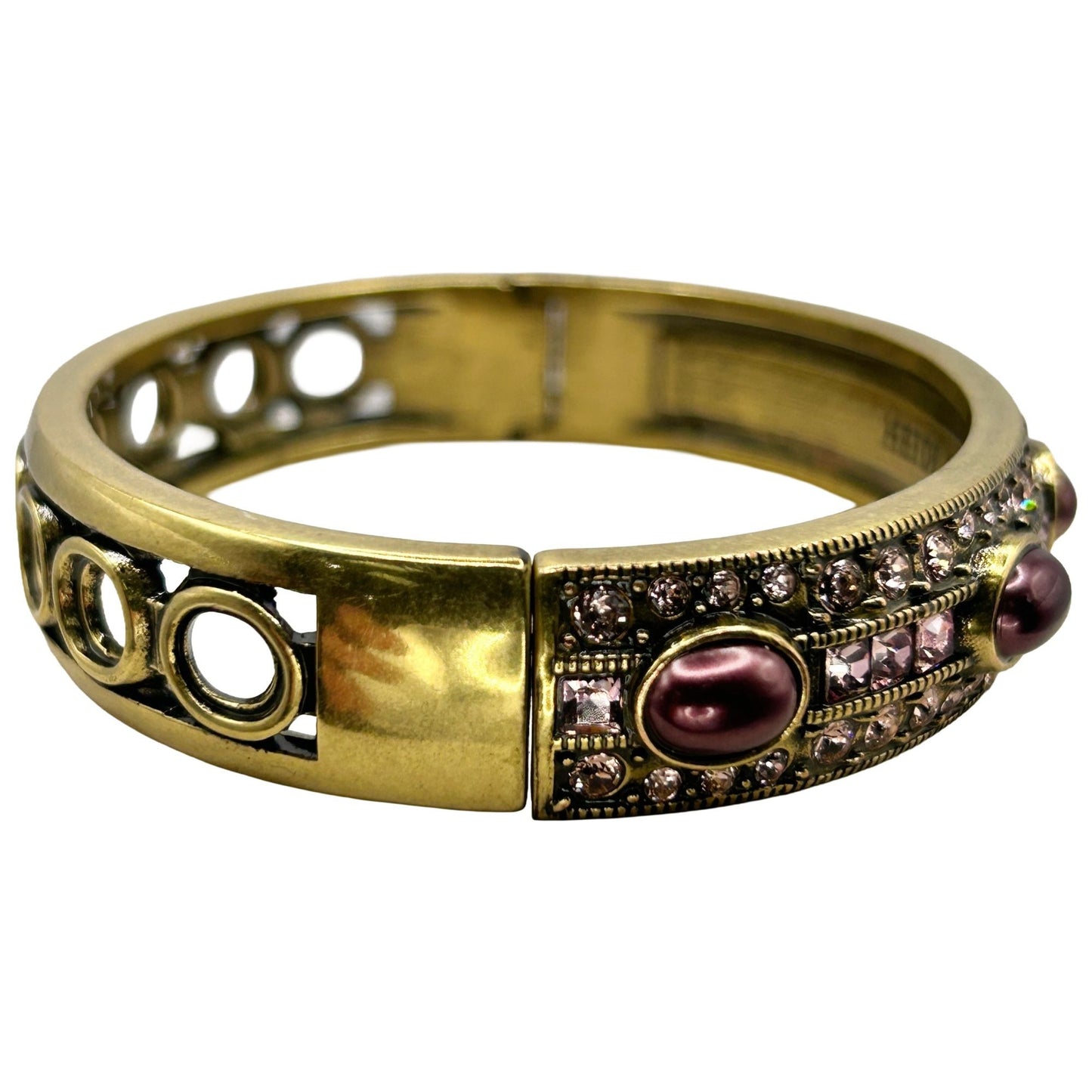 Heidi Daus Vintage Pink Crystal Purple Faux Pearl Hinged Bangle Bracelet