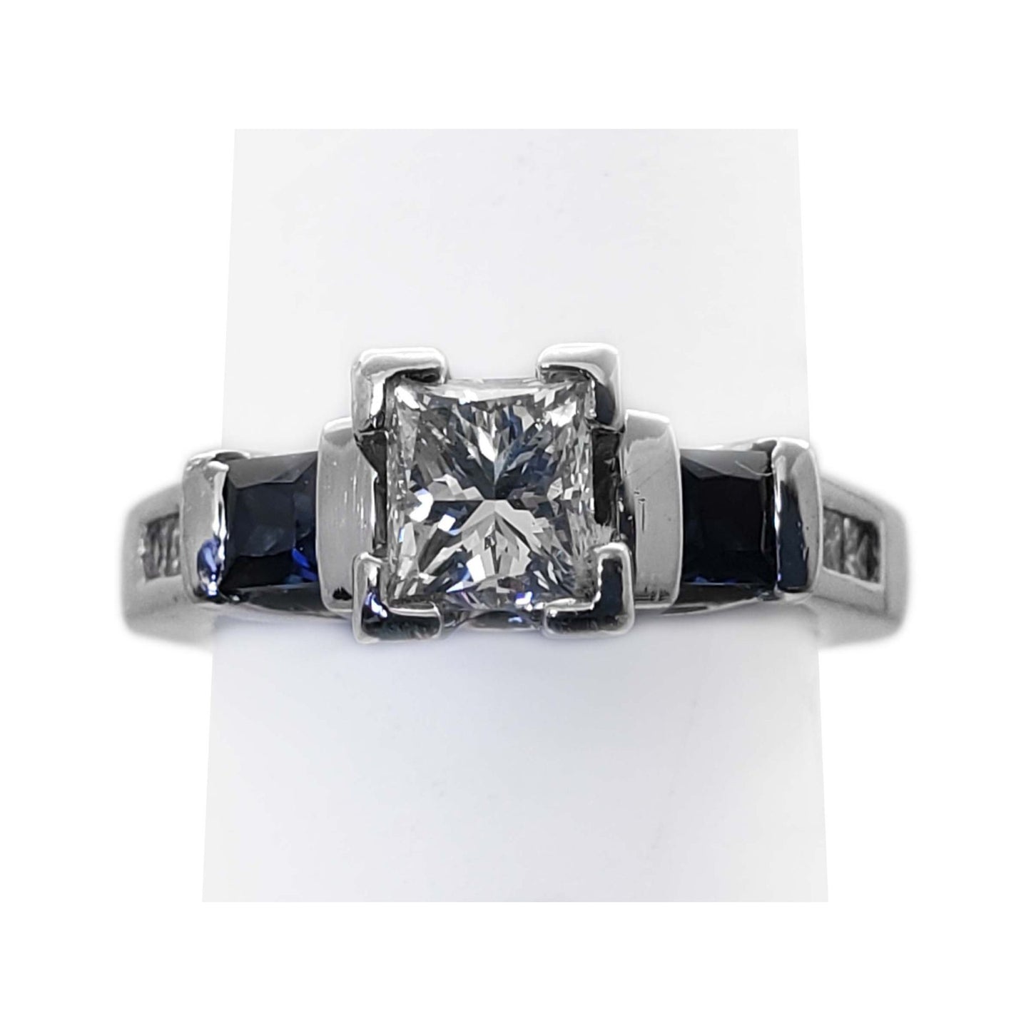 0.8 ctw Natural Princess Diamond & Sapphire Ring Platinum Size 4