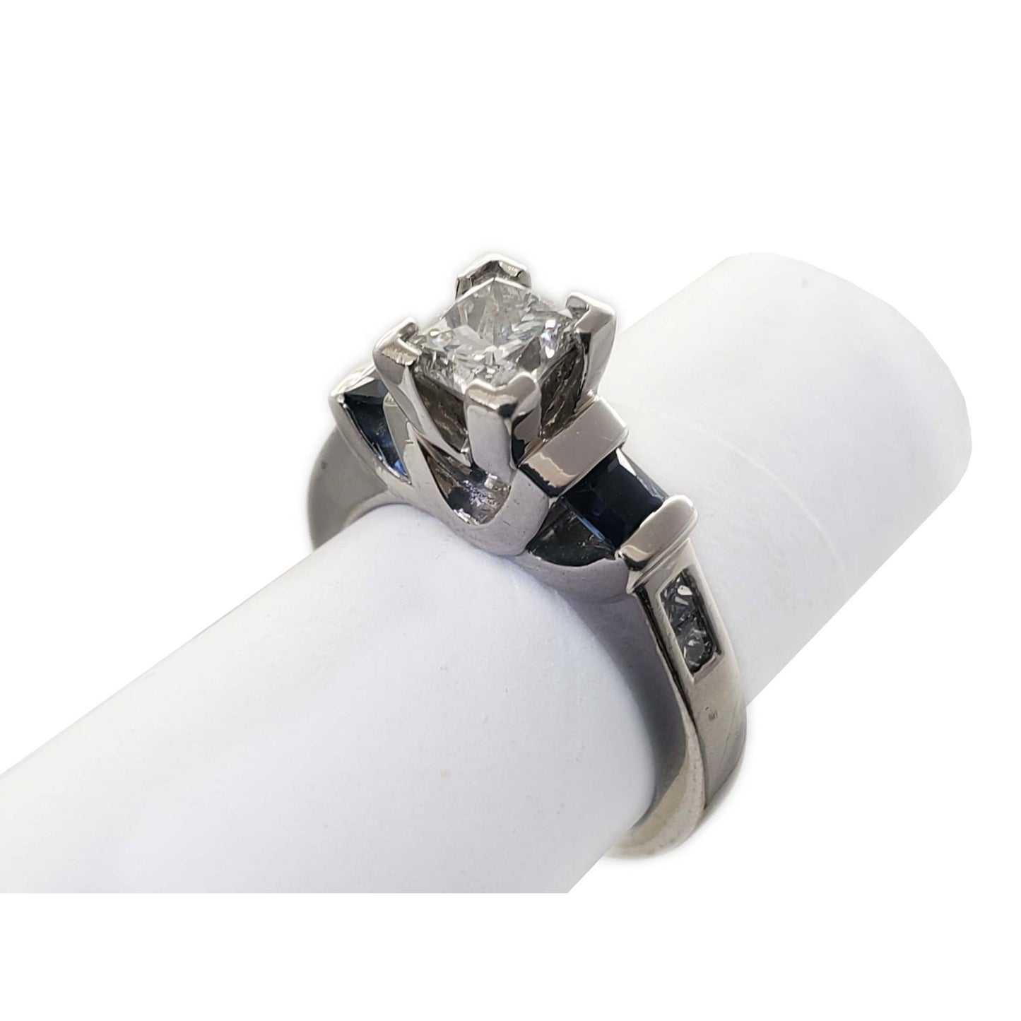 0.8 ctw Natural Princess Diamond & Sapphire Ring Platinum Size 4