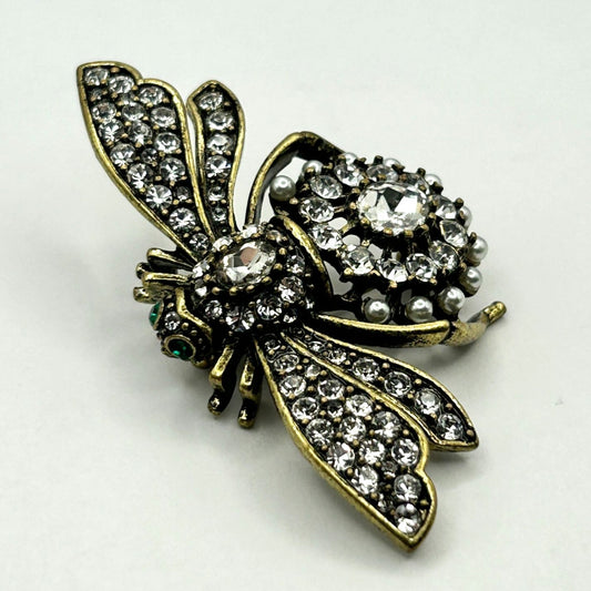 Joan Rivers Bee Pin Brooch Crystals Signed Animal Bug Statement Clear Green