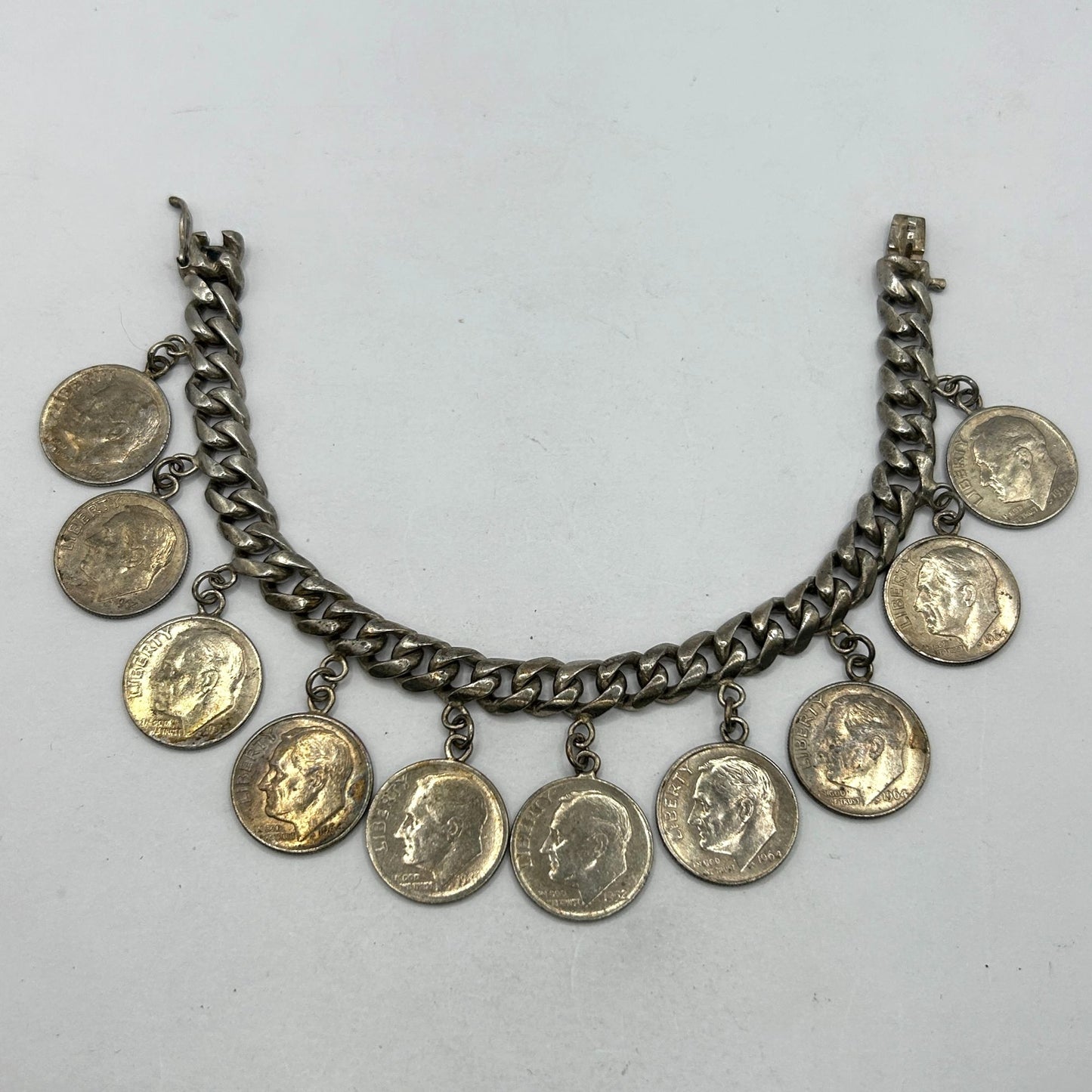 Vintage Silver Roosevelt Dime Sterling Silver Charm Bracelet