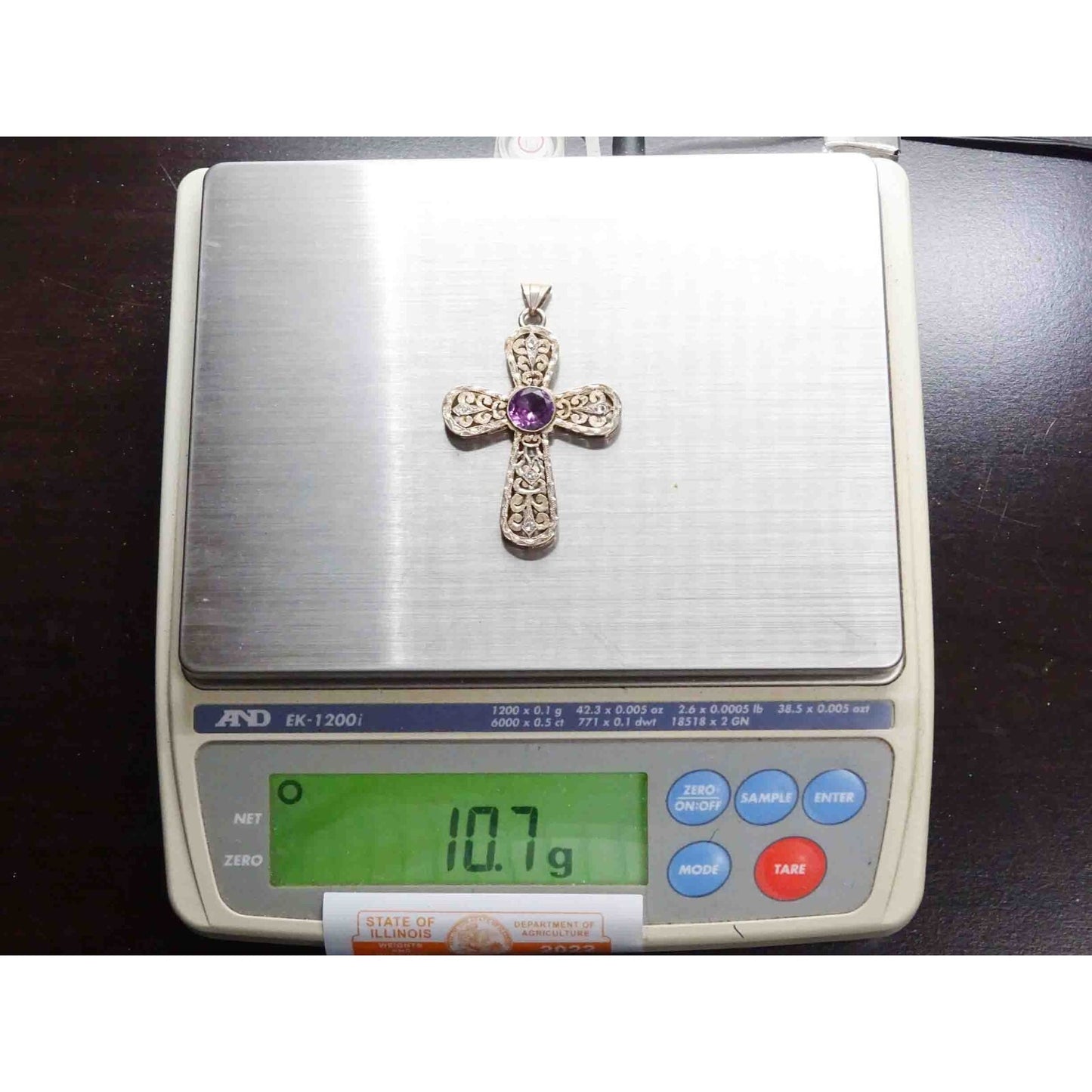 Synthetic Alexandrite & Natural Diamond Rounded Filigree Cross Pendant 14k Gold