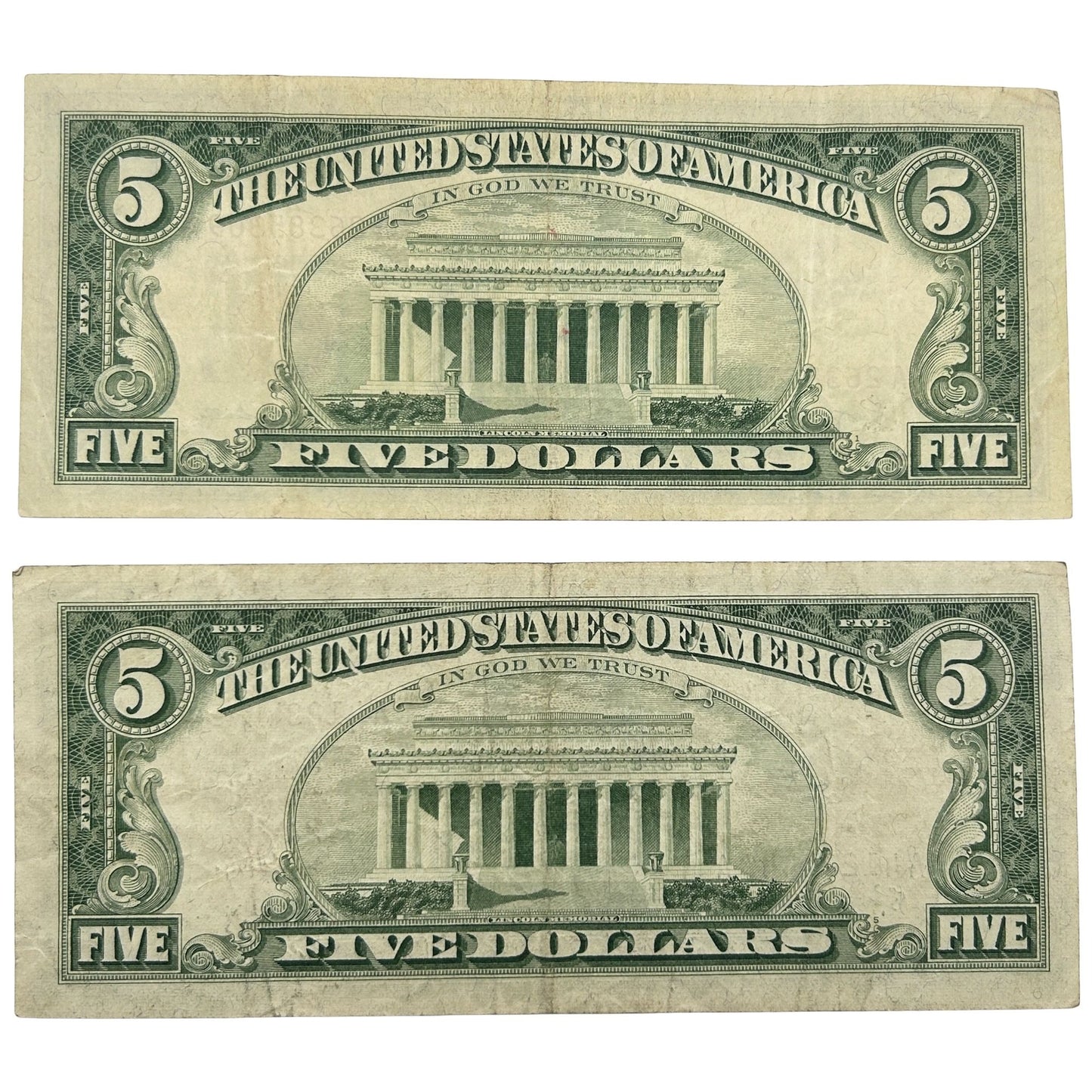 LOT OF 2 1963 $5 Five Dollar Red Seal US Note Granaham Dillon