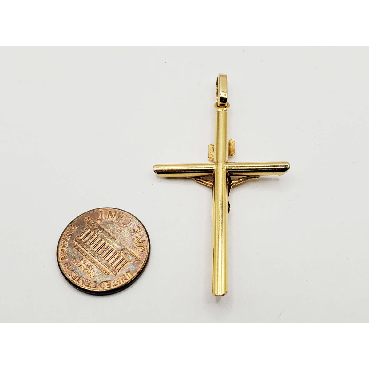 Jesus Christ Christian Crucifix Cross Pendant Round Tube Slant Ends 14k Gold