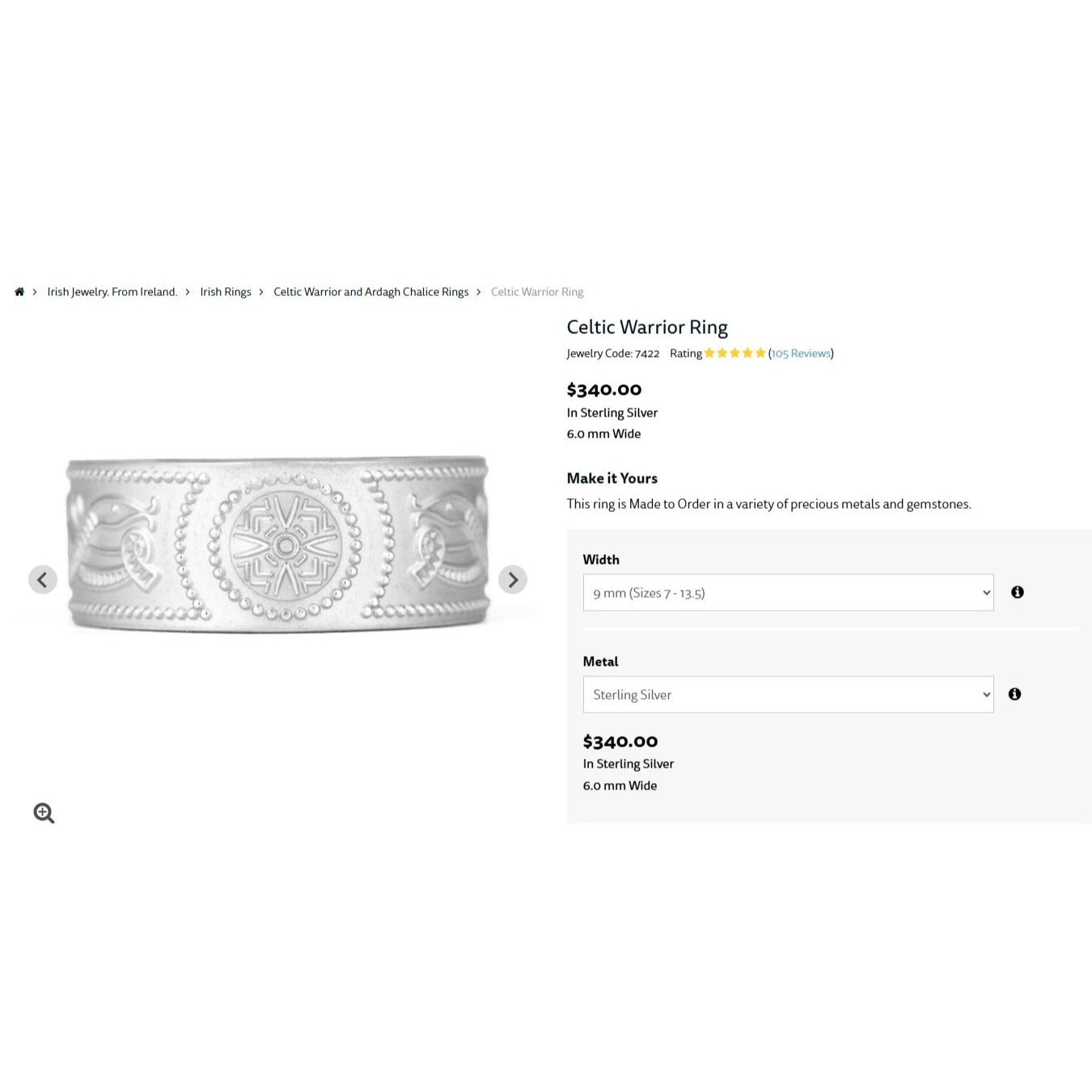 Sterling Silver 9mm Band Celtic Warrior Men's Ring Size 13.5 - My Irish Jeweler
