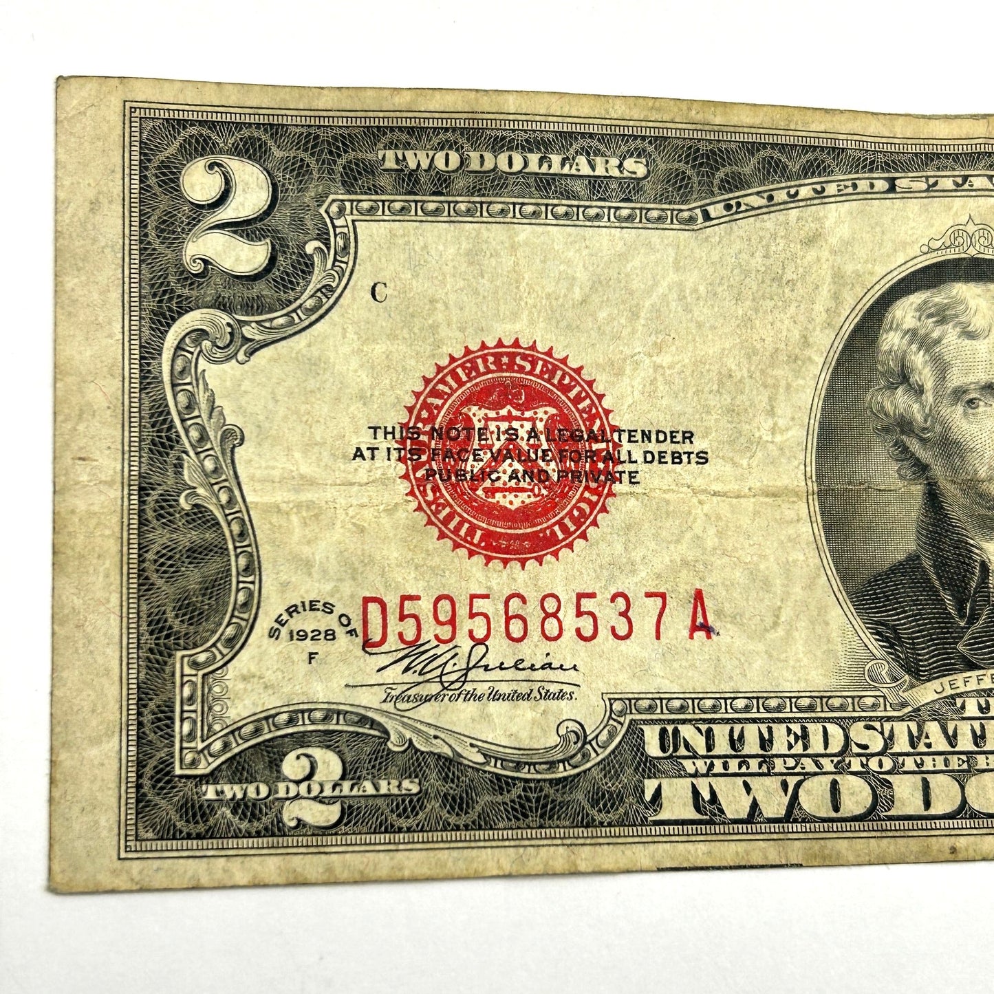 1928-F $2 Two Dollar Bill Red Seal United States Note - Off Center Error
