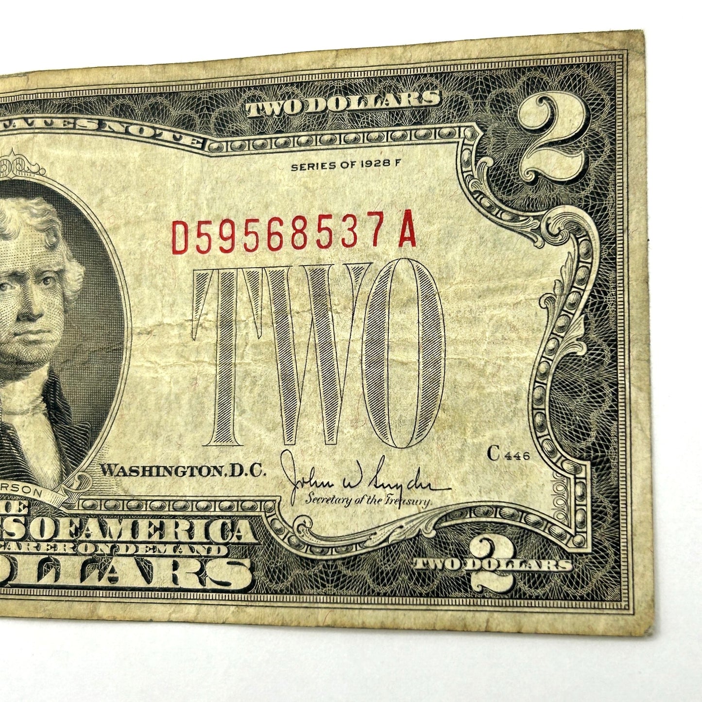 1928-F $2 Two Dollar Bill Red Seal United States Note - Off Center Error