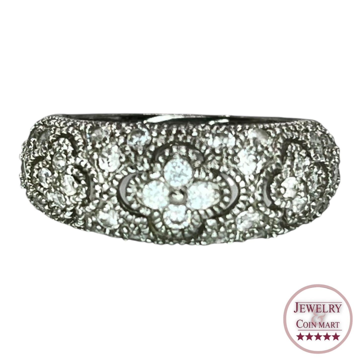 925 Sterling Silver Flower Filigree Cubic Zirconia Ring Size 6.25 Band Floral