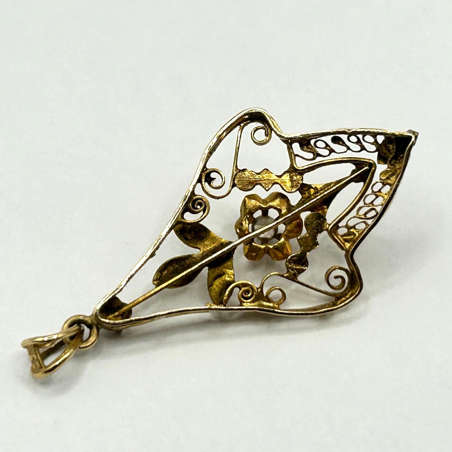 14k Yellow Gold Filigree Lavalier Pendant with .05ct Old Mine Cut Diamond