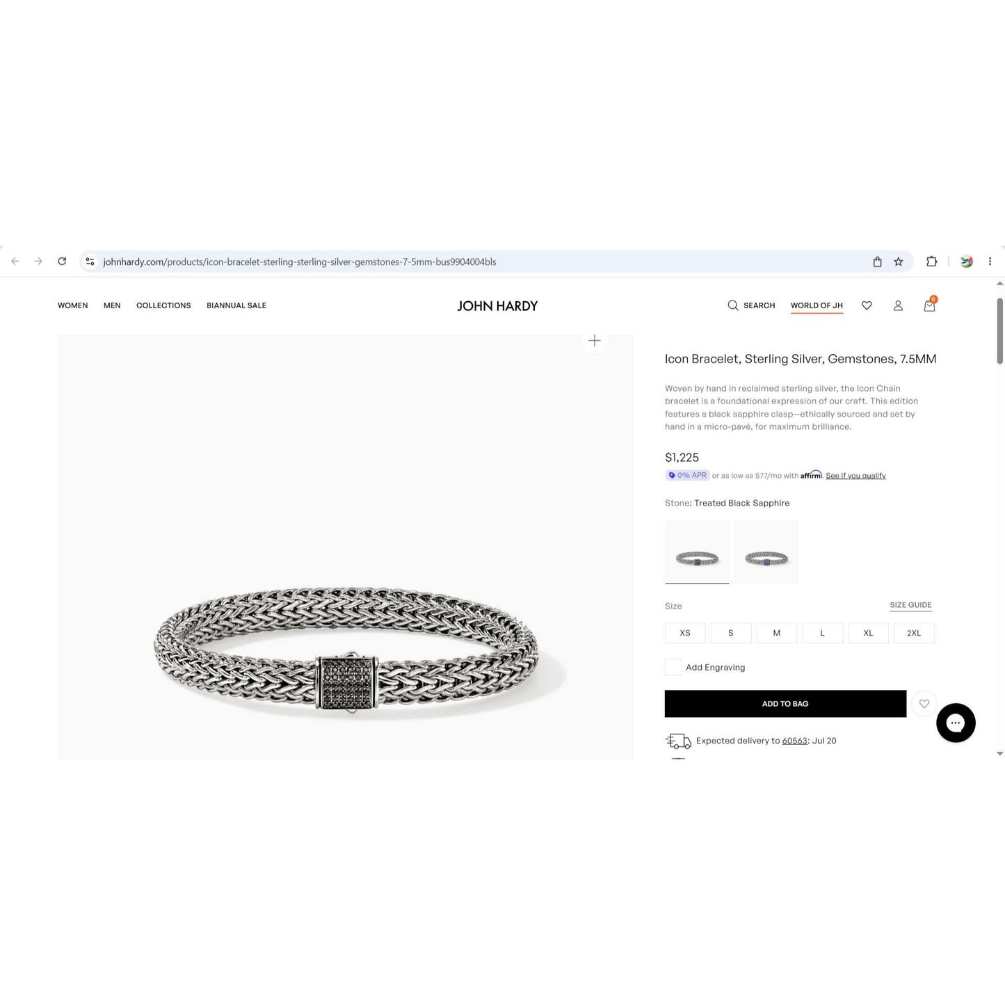 John Hardy 7.5mm Black Sapphire Icon Bracelet Sterling Silver Size M-L