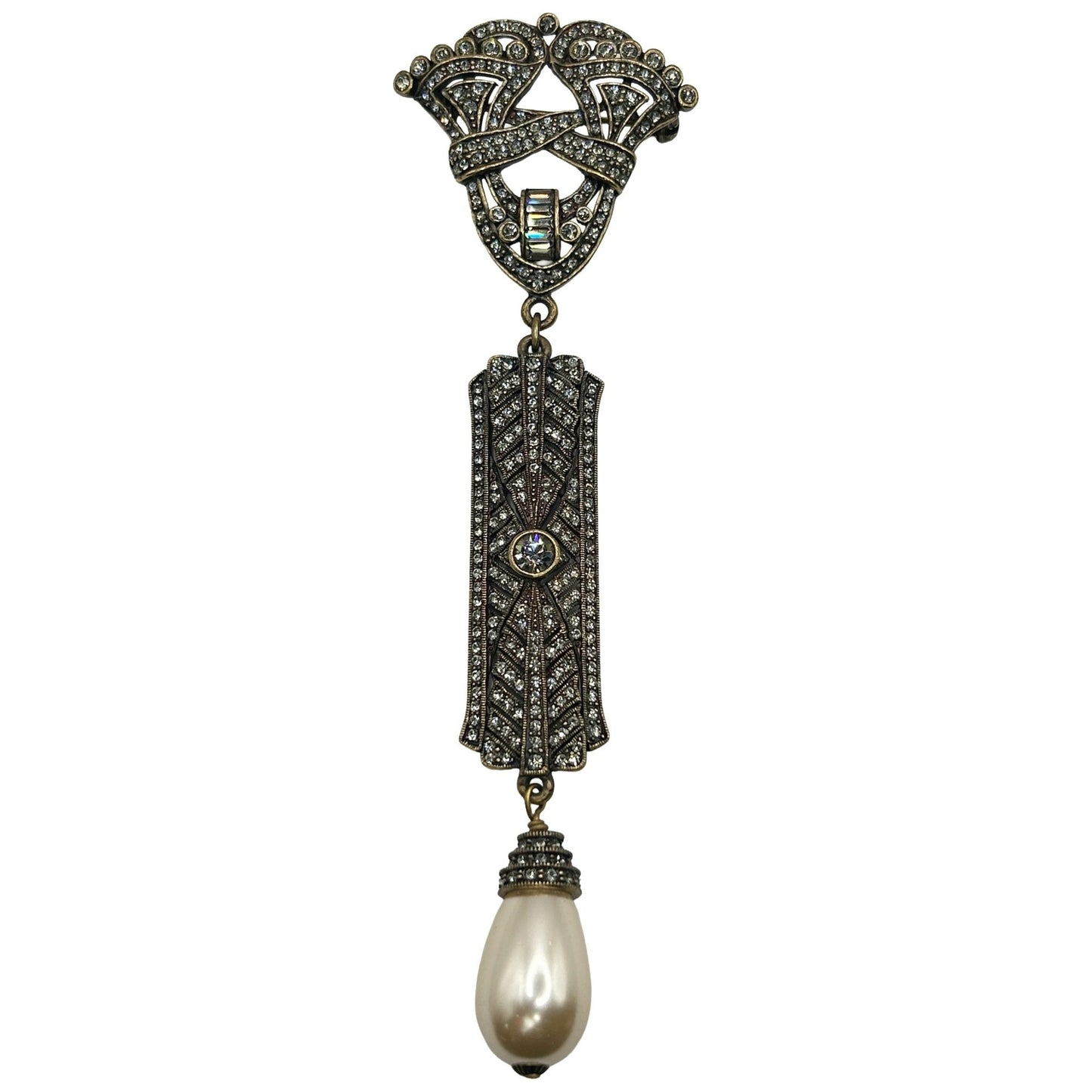 Heidi Daus Vintage Art Deco Gold Tone Crystal & Baroque Pearl Brooch
