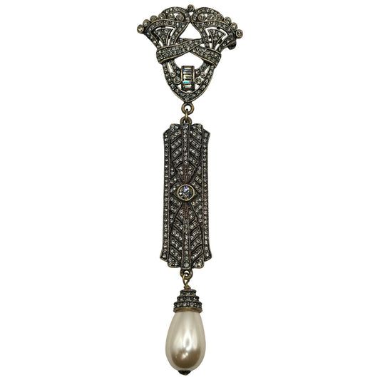 Heidi Daus Vintage Art Deco Gold Tone Crystal & Baroque Pearl Brooch