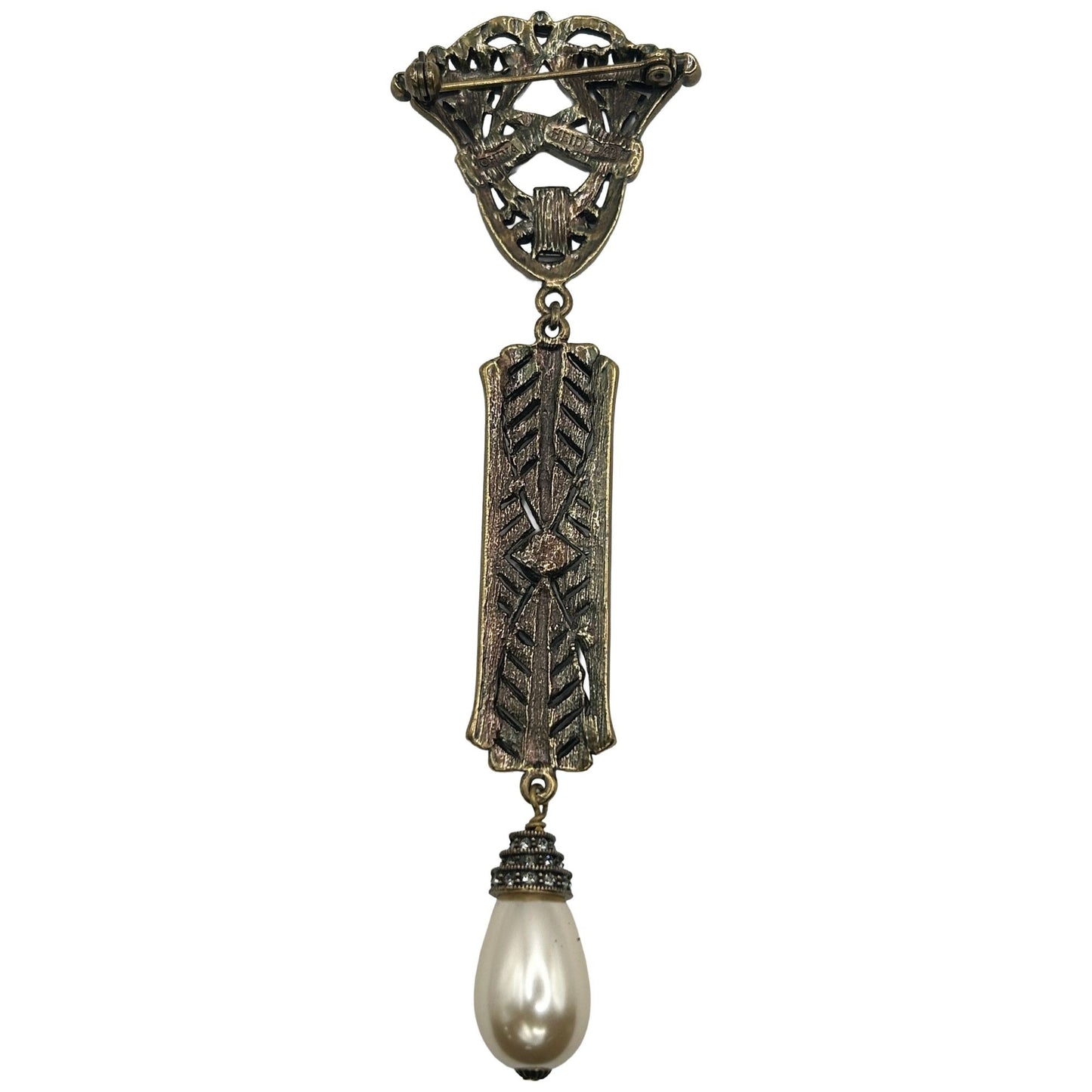 Heidi Daus Vintage Art Deco Gold Tone Crystal & Baroque Pearl Brooch