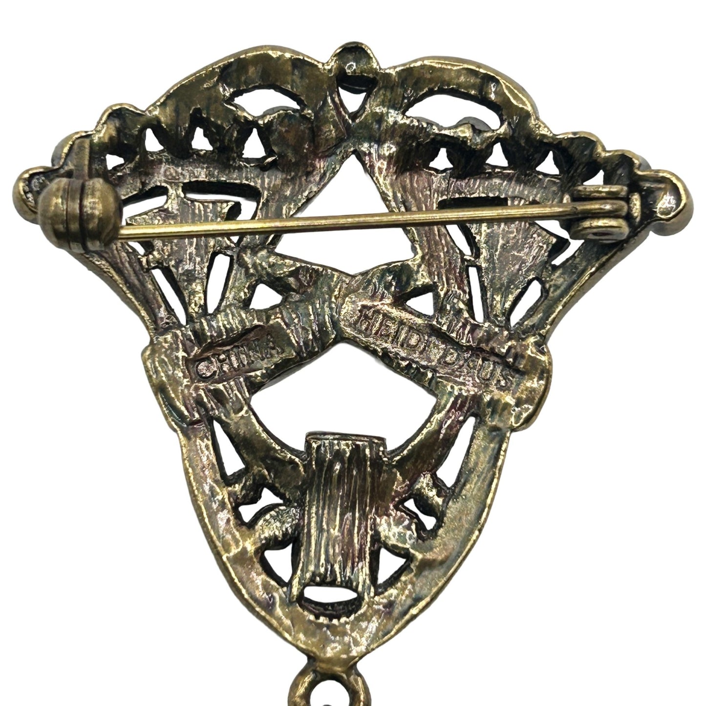 Heidi Daus Vintage Art Deco Gold Tone Crystal & Baroque Pearl Brooch