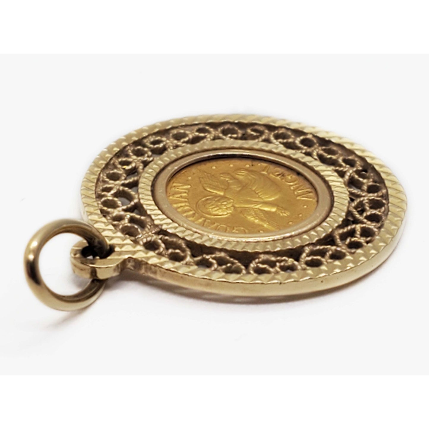Guardian Angel .999 Gold Coin in 14k Gold Filigree Bezel Pendant