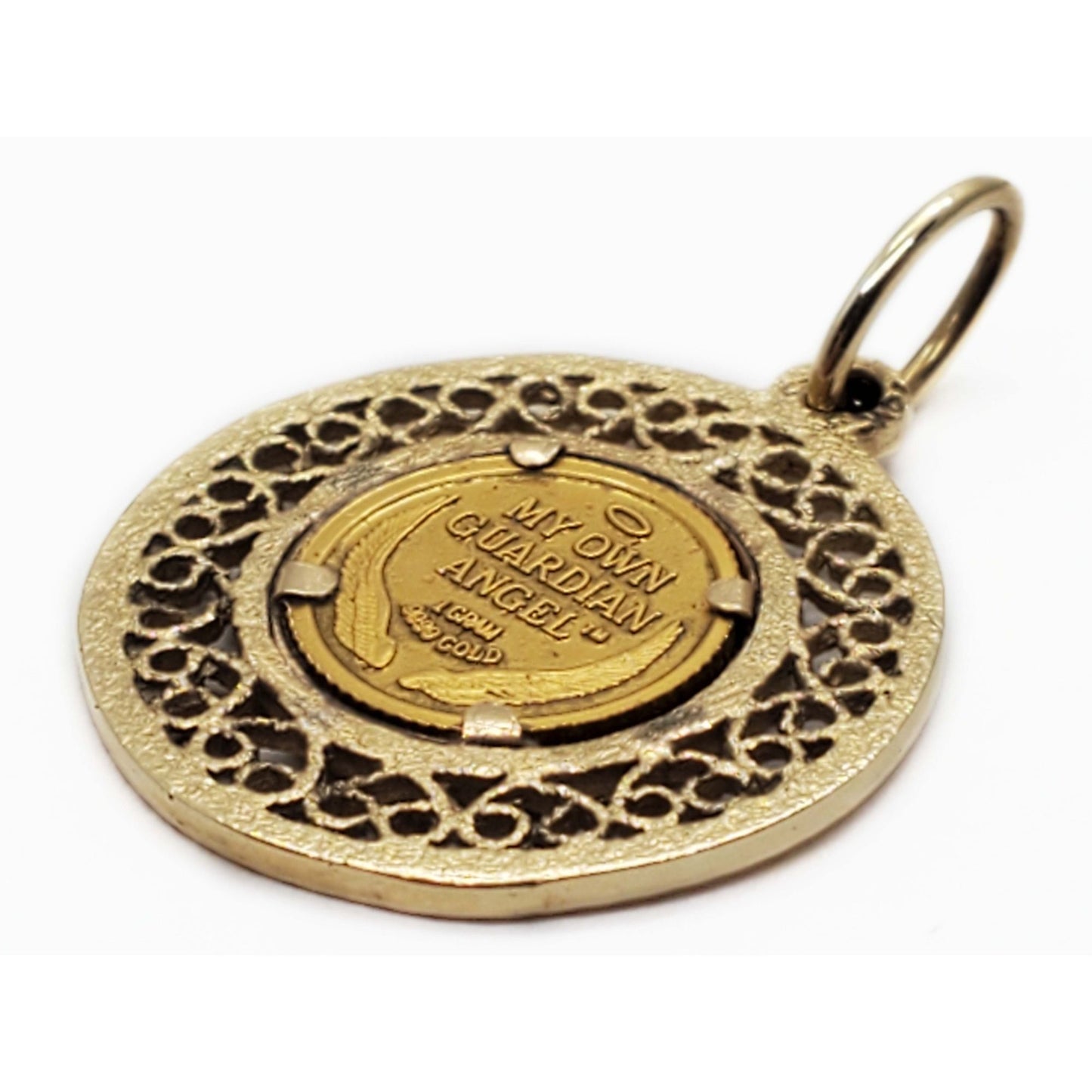 Guardian Angel .999 Gold Coin in 14k Gold Filigree Bezel Pendant
