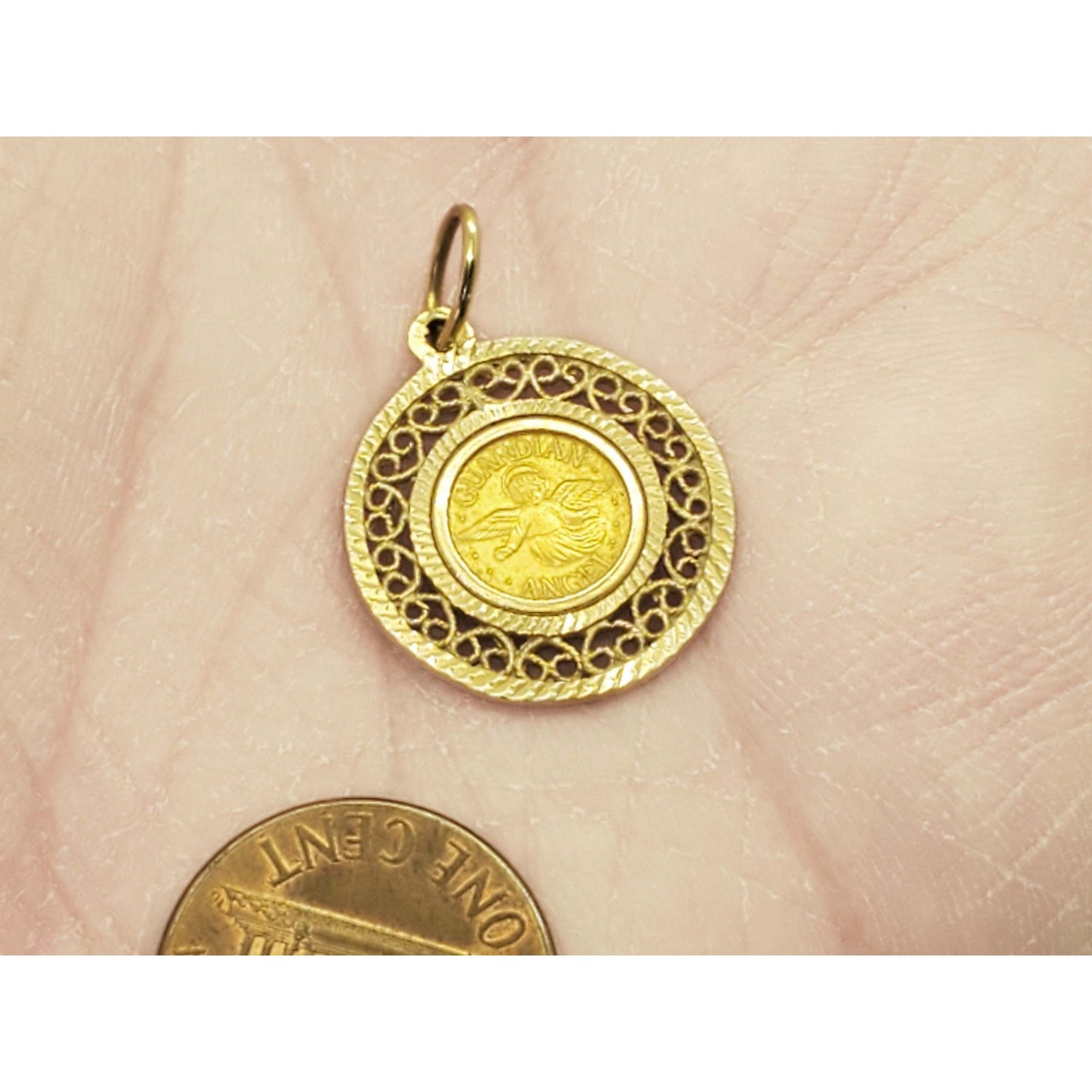 Guardian Angel .999 Gold Coin in 14k Gold Filigree Bezel Pendant
